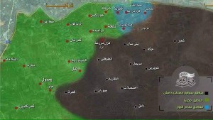 خريطة تظهر توزع المناطق التي تسيطر عليها المعارضة شمال حلب (فيلق الشام)