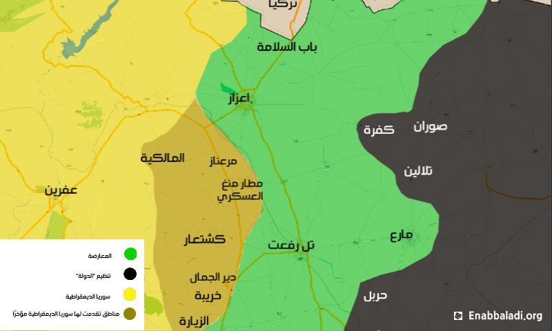 خريطة توضح مناطق السيطرة في ريف حلب الشمالي- الخميس 11 شباط (المصدر: عنب بلدي).