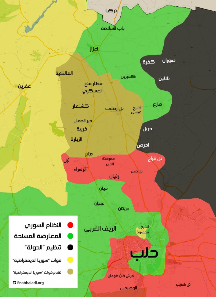 خريطة تظهر آخر التطورات الميدانية شمال حلب (عنب بلدي)