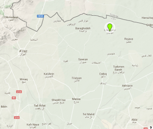 خريطة تبين موقع قرية دوديان في ريف حلب الشمالي.