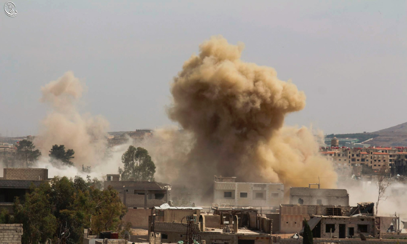 استهداف داريا بصاروخ أرض- أرض، الخميس 26 أيار (المجلس المحلي لمدينة داريا)