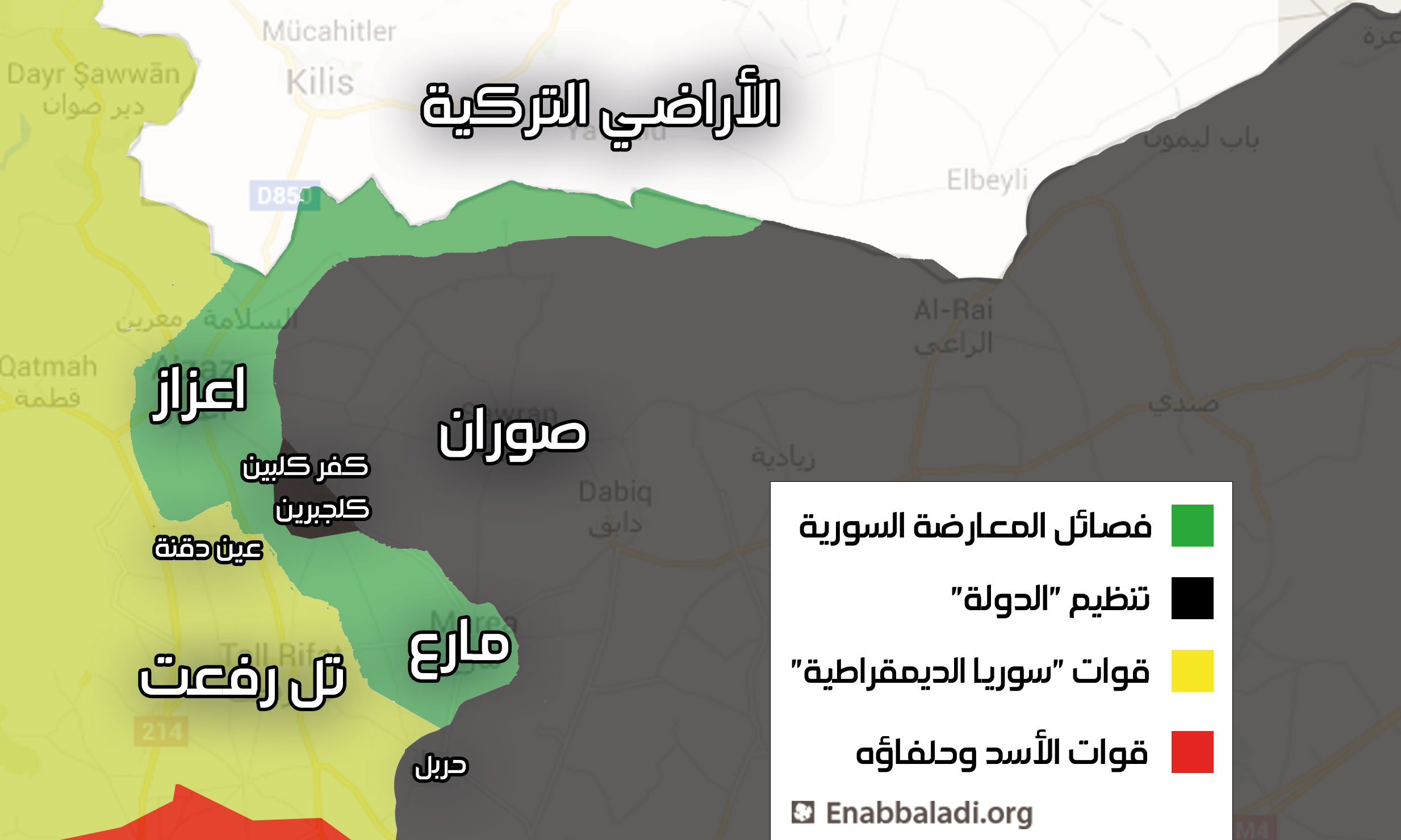 خارطة السيطرة في ريف حلب الشمالي، الجمعة 27 أيار (عنب بلدي).
