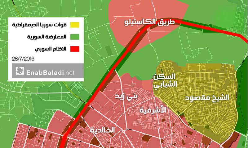خارطة تظهر مواقع السيطرة في المحور الشمالي لمدينة حلب- الخميس 28 تموز (عنب بلدي)