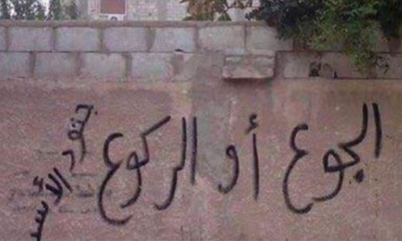 عبارة على جدار في مدخل بلدة مضايا بريف دمشق (إنترنت)