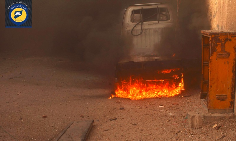 حرائق إثر القصف على كفربطنا بالغوطة الشرقية - الجمعة 5 آب (الدفاع المدني في ريف دمشق)