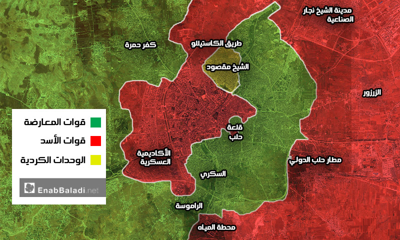 خريطة تظهر توزع السيطرة في مدينة حلب - 8 آب 2016 (عنب بلدي)