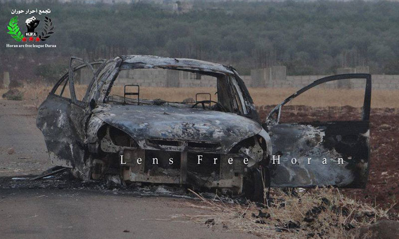 السيارة التي استهدفتها قوات الأسد على طريق طفس اليادودة- السبت 6 آب (تجمع أحرار حوران)