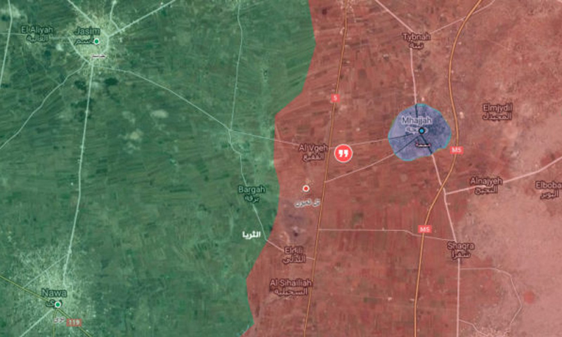 خريطة تظهر موقع بلدة محجة شمال درعا –24 كانون الثاني 2017 (عنب بلدي)