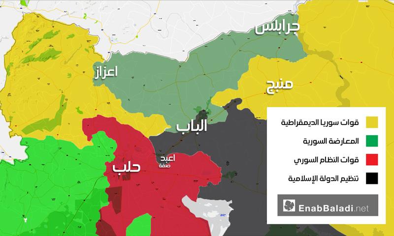 خريطة تظهر توزع السيطرة شمال حلب - 18 كانون الثاني 2016 (عنب بلدي)
