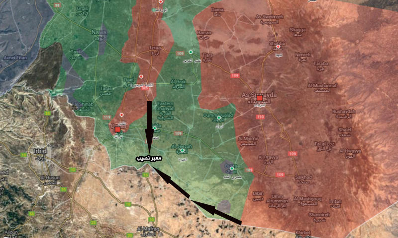 خريطة تظهر طريقان يمكن لقوات الأسد سلكهما إلى معبر نصيب (تعديل عنب بلدي)
