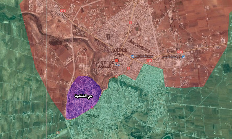 خريطة تظهر موقع حي المنشية في درعا (تعديل عنب بلدي)