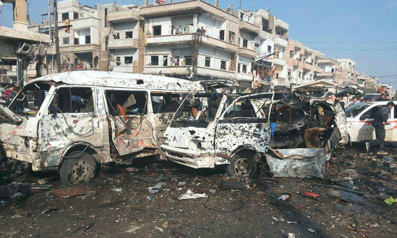تعبيرية: من التفجير الذي استهدف حافلة نقل ركاب في شارع الستين بحمص - شباط 2016 (إنترنت)