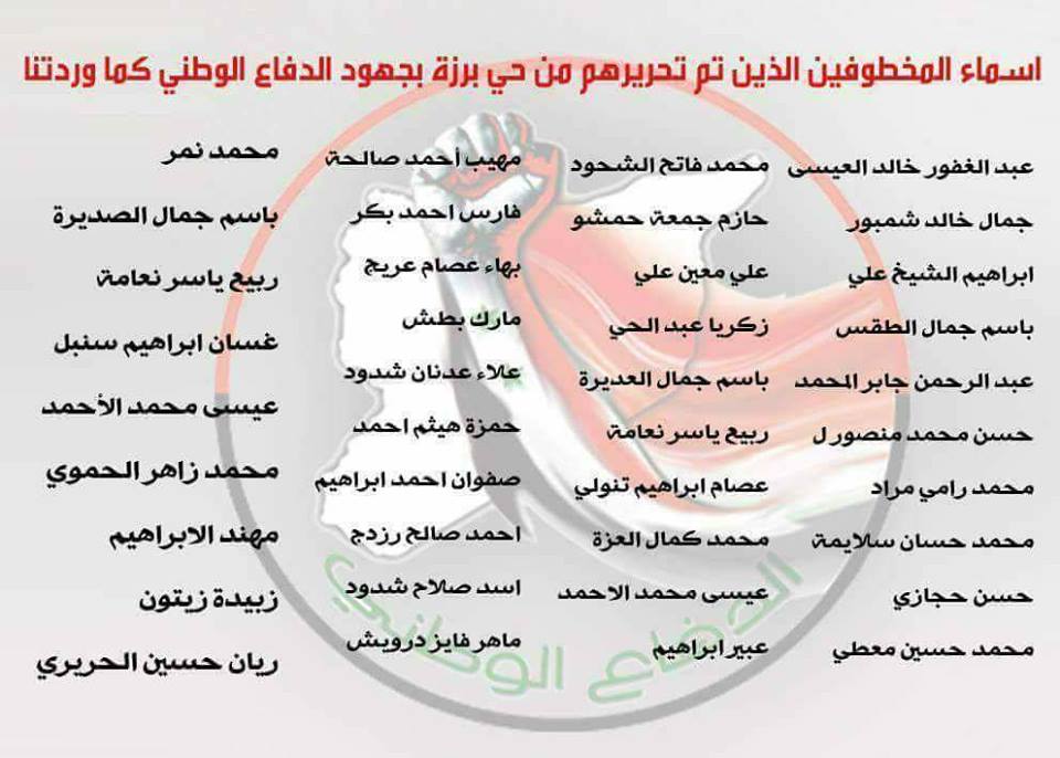 أسماء 40 شخصًا قال "الدفاع الوطني" إنهم كانوا مختطفين في حي برزة (فيس بوك)
