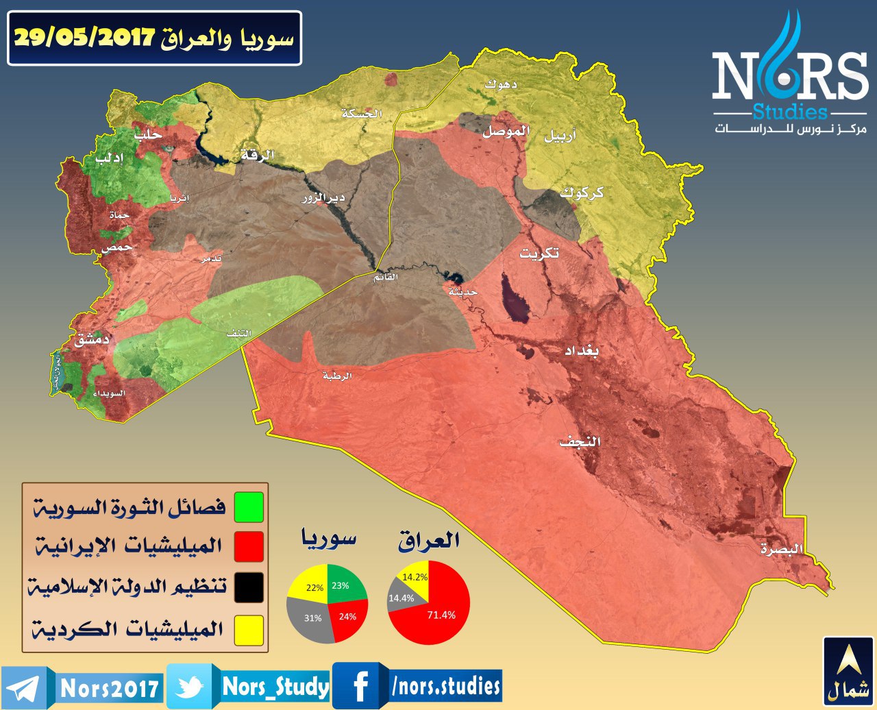 خريطة السيطرة في سوريا والعراق - 29 أيار 2017 (مركز نورس للدراسات)