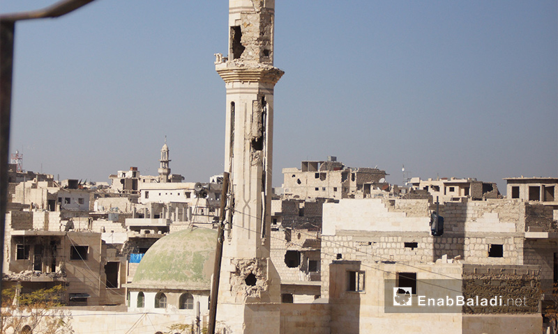 مئذنة مسجد مدمر في معرة النعمان بإدلب - أيار 2017 (عنب بلدي)