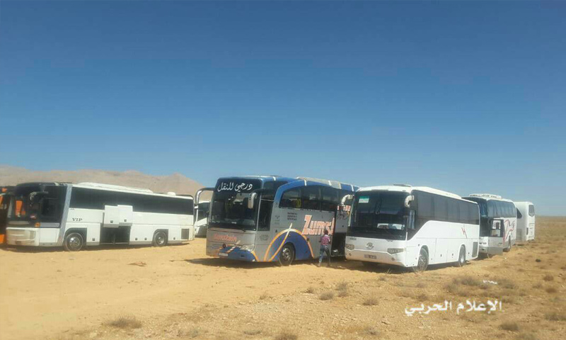الحافلات التي ستقل مقاتلو تنظيم الدولة إلى دير الزور - 28 آب 2017 (الإعلام الحربي)