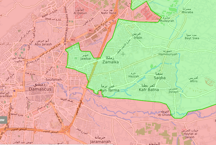 خريطة توضيحية لمدن الغوطة الشرقية المحاصرة من قبل قوات الأسد - (live map)