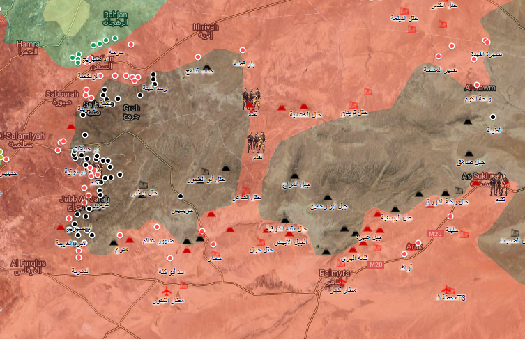خريطة توضيحية لمناطق النفوذ في ريف حمص وحماة الشرقي - 20 آب 2017 - (الخريطة الحربية)