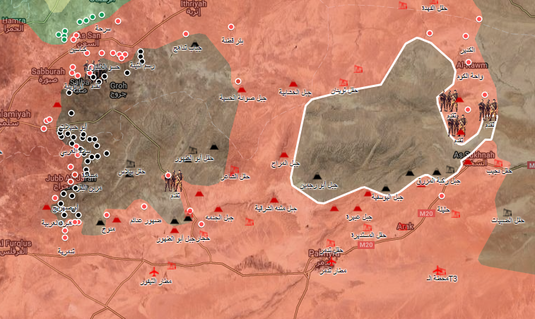 خريطة توضيحية لنفوذ قوات الأسد وتنظيم الدولة في ريفي حمص وحماة - 22 آب 2017 (الخريطة الحربية)