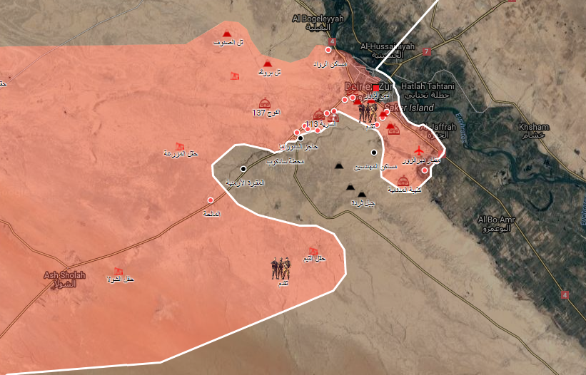 خريطة توضح نفوذ قوات الأسد في مدينة دير الزور ومحيطها - 10 أيلول 2017 (الخريطة الحربية)