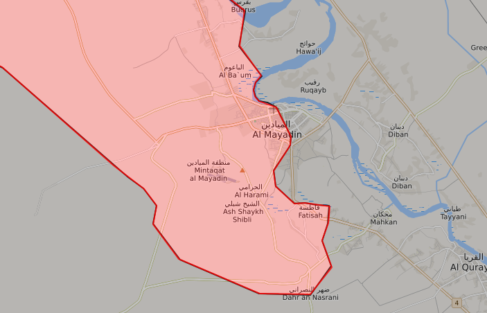 خريطة توضح نفوذ قوات الأسد في محيط مدينة الميادين - 15 تشرين الأول 2017 (LIVEMAP)