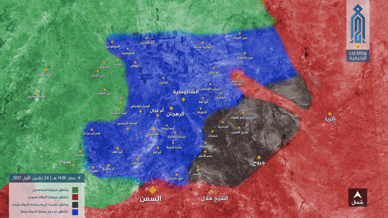 خريطة نشرتها وكالة "إباء" توضح المحور الذي تقدمت خلاله قوات الأسد شرقي حماة - 24 تشرين الأول 2017 - (إباء)
