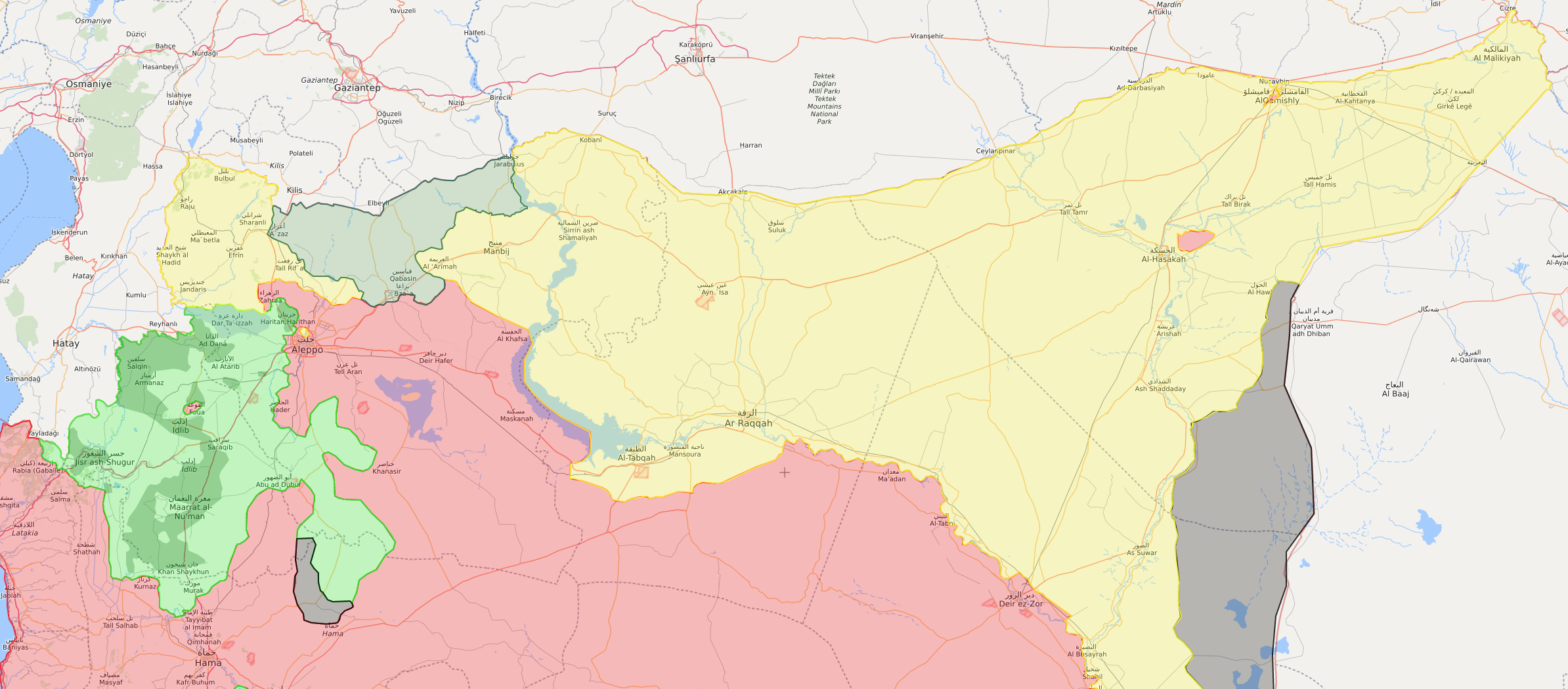 خريطة السيطرة الميدانية شمالي سوريا - 14 كانون الثاني 2018 (livemap)