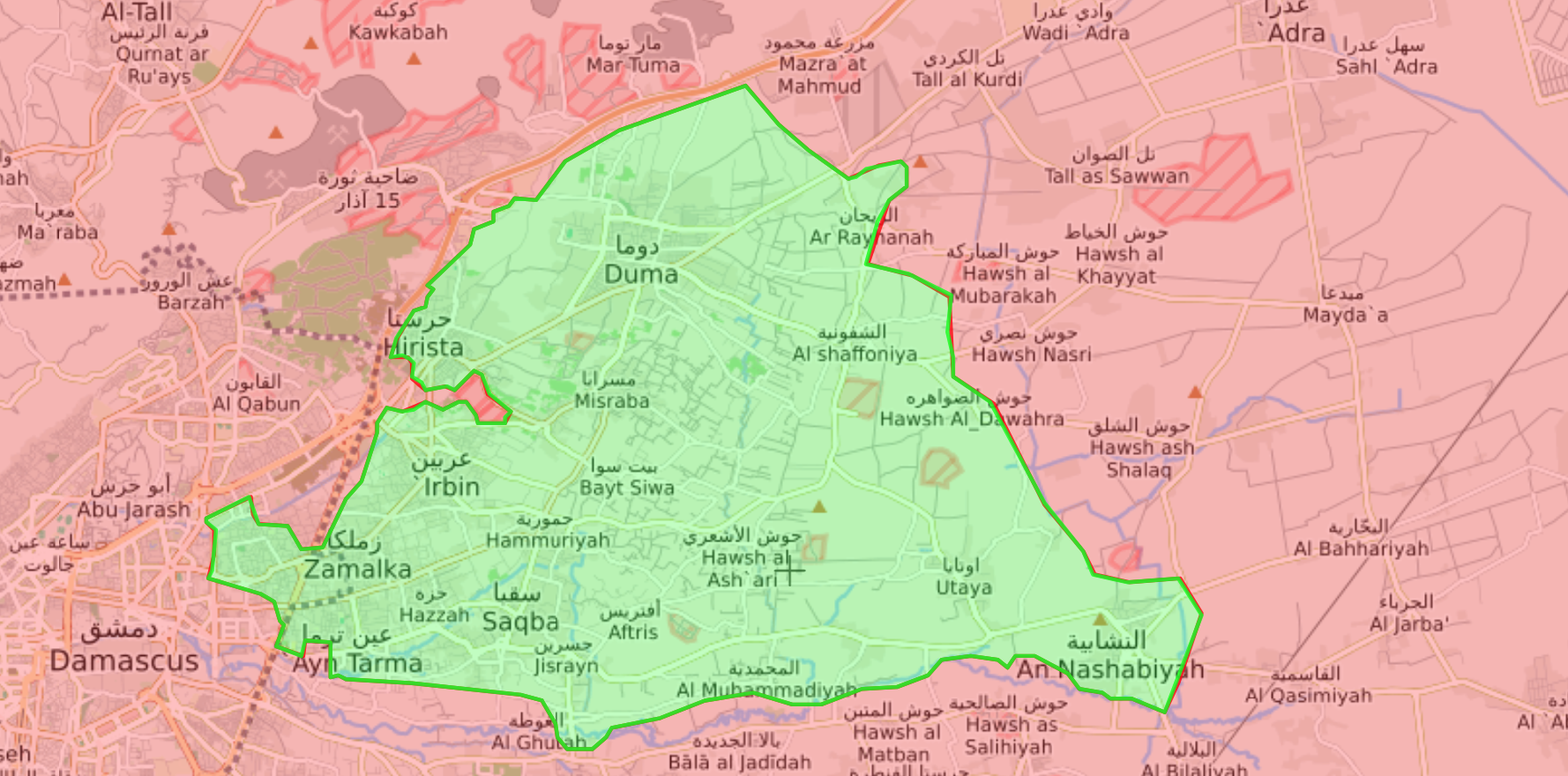 خريطة السيطرة في الغوطة الشرقية - 23 كانون الثاني 2018 (livemap)