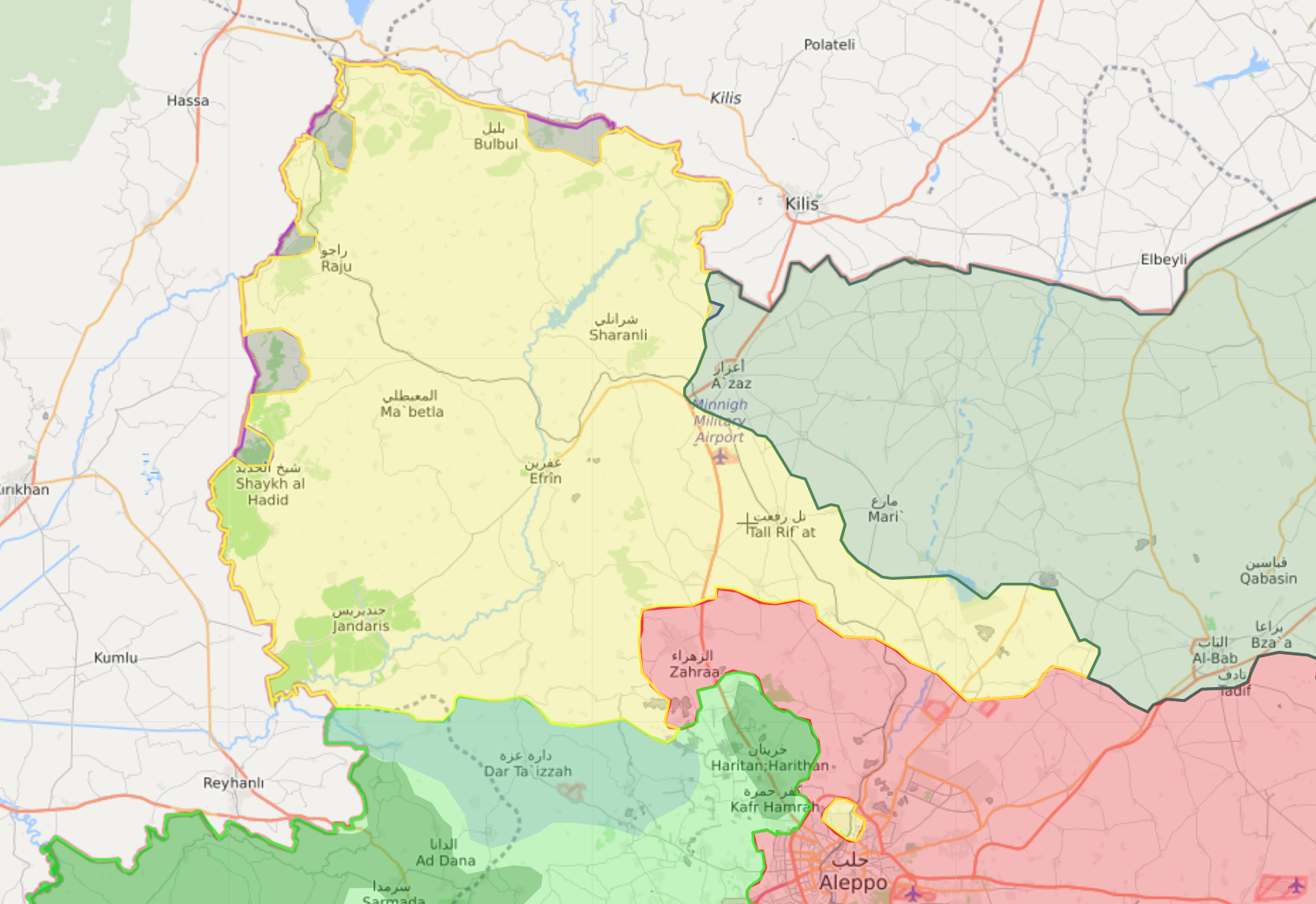 خريطة السيطرة في منطقة عفرين بريف حلب الشمالي - 27 كانون الثاني 2018 (livemap) 