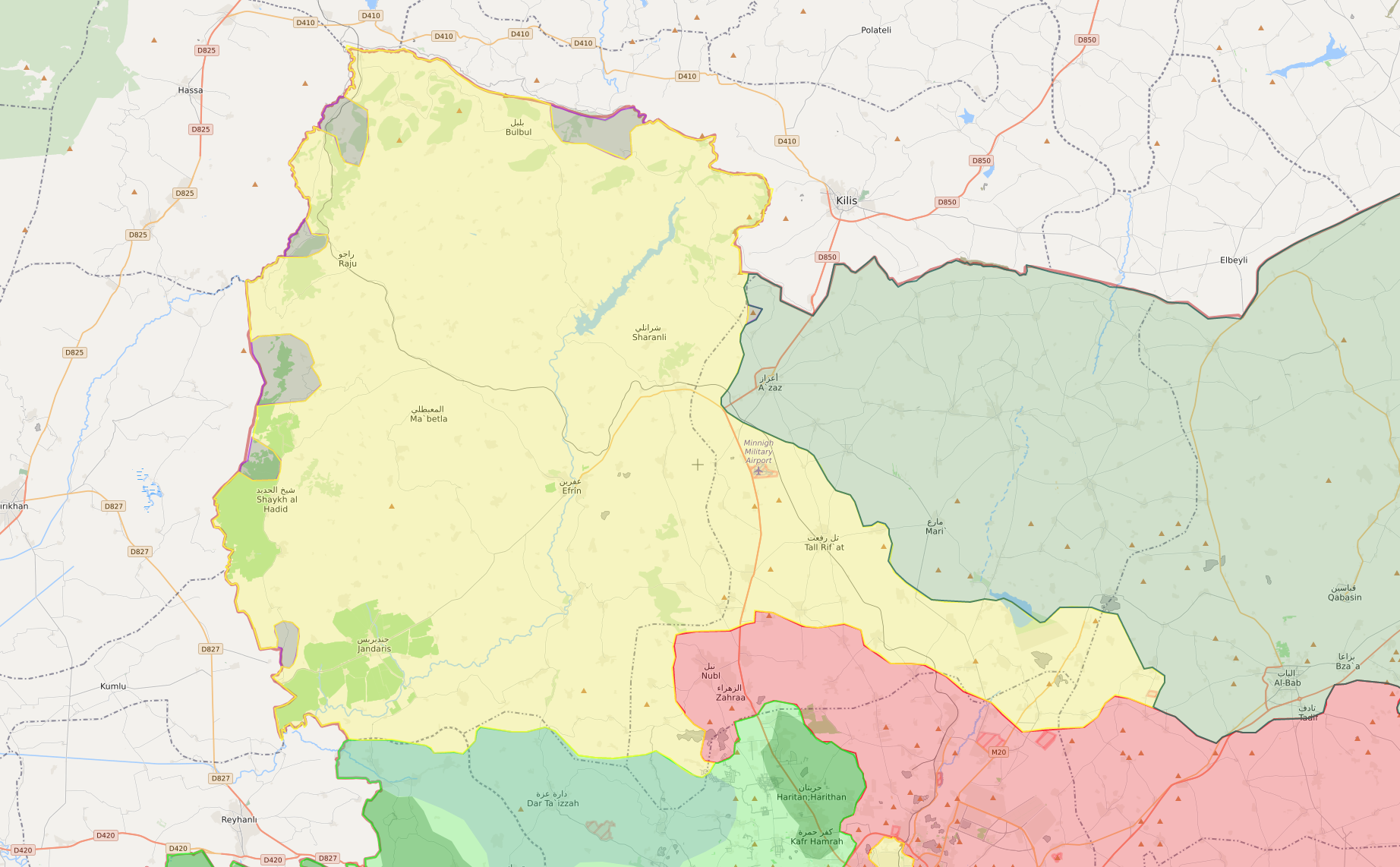 خريطة السيطرة في منطقة عفرين - 28 كانون الثاني 2018 (livemap)