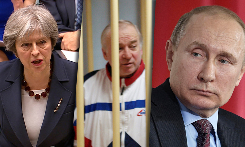 تعبيرية: الرئيس الروسي فلاديمير بوتين ورئيسة الوزراء البريطانية تيريزا ماي والجاسوس الروسي سيرغي سكريبل (انترنت)