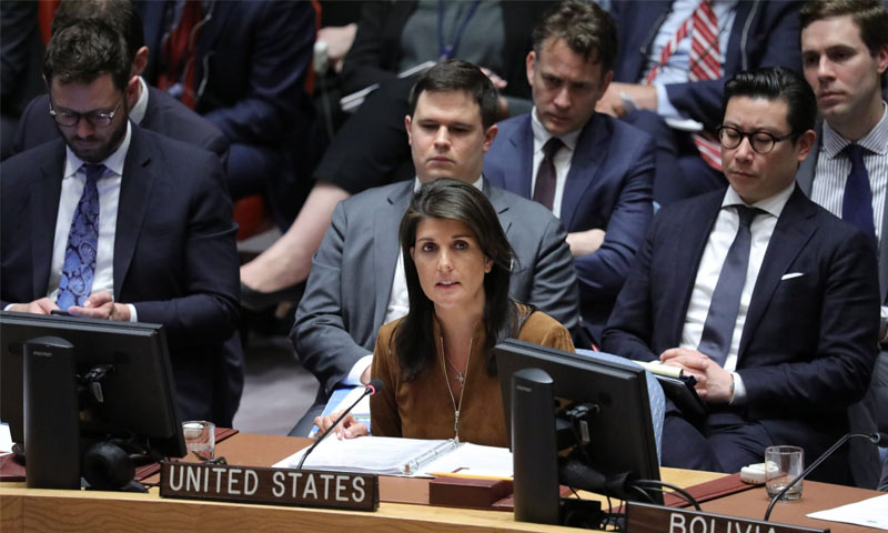 ممثلة أمريكا الدائمة في مجلس الأمن نيكي هيلي - 9 من نيسان 2018 (UN)