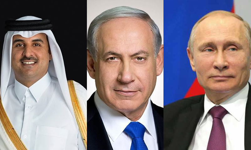 الرئيس الروسي فلاديمير بوتين ورئيس الوزراء الإسرائيلي بنيامين نتنياهو وأمير قطر تميم بن حمد (تعديل عنب بلدي)