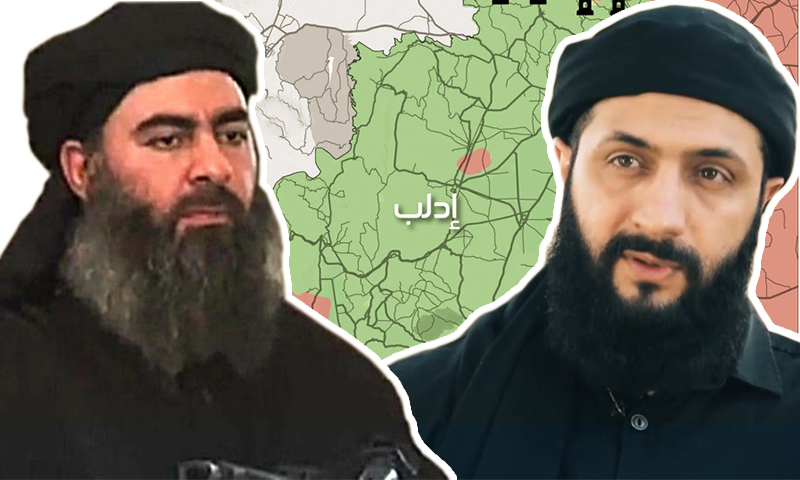 زعيم "هيئة تحرير الشام" أبو محمد الجولاني وزعيم تنظيم "الدولة الإسلامية" أبو بكر البغدادي (تعديل عنب بلدي)