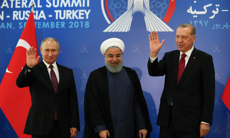 الرؤساء رجب طيب اردوغان وحسن روحاني وفلاديمير بوتين- 7 أيلول 2018 (رويترز)