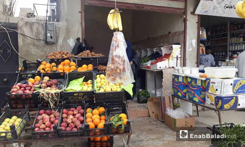 محل لبيع الخضار والفواكه في كفرنبل جنوبي إدلب 23 آذار 2019 (عنب بلدي)