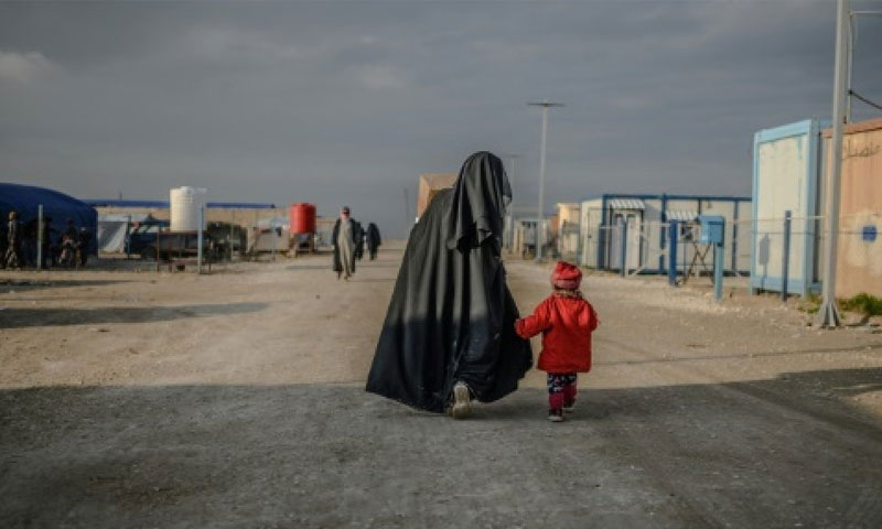 امرأة وطفل في مخيم الهول شرقي الحسكة (AFP)