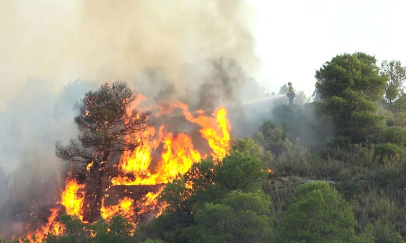 رجال الإطفاء يكافحون النيران المستعرة شمال إسبانيا نتيجة الحر- 28 حزيران 2019 (AFP)