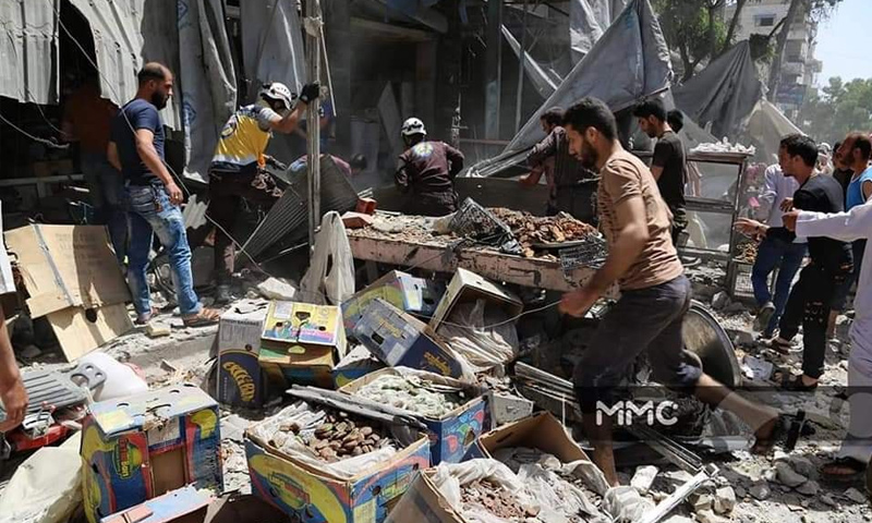 آثار القصف الجوي على سوق معرة النعمان بريف إدلب - 3 من حزيران 2019 (المركز الإعلامي العام mmc)