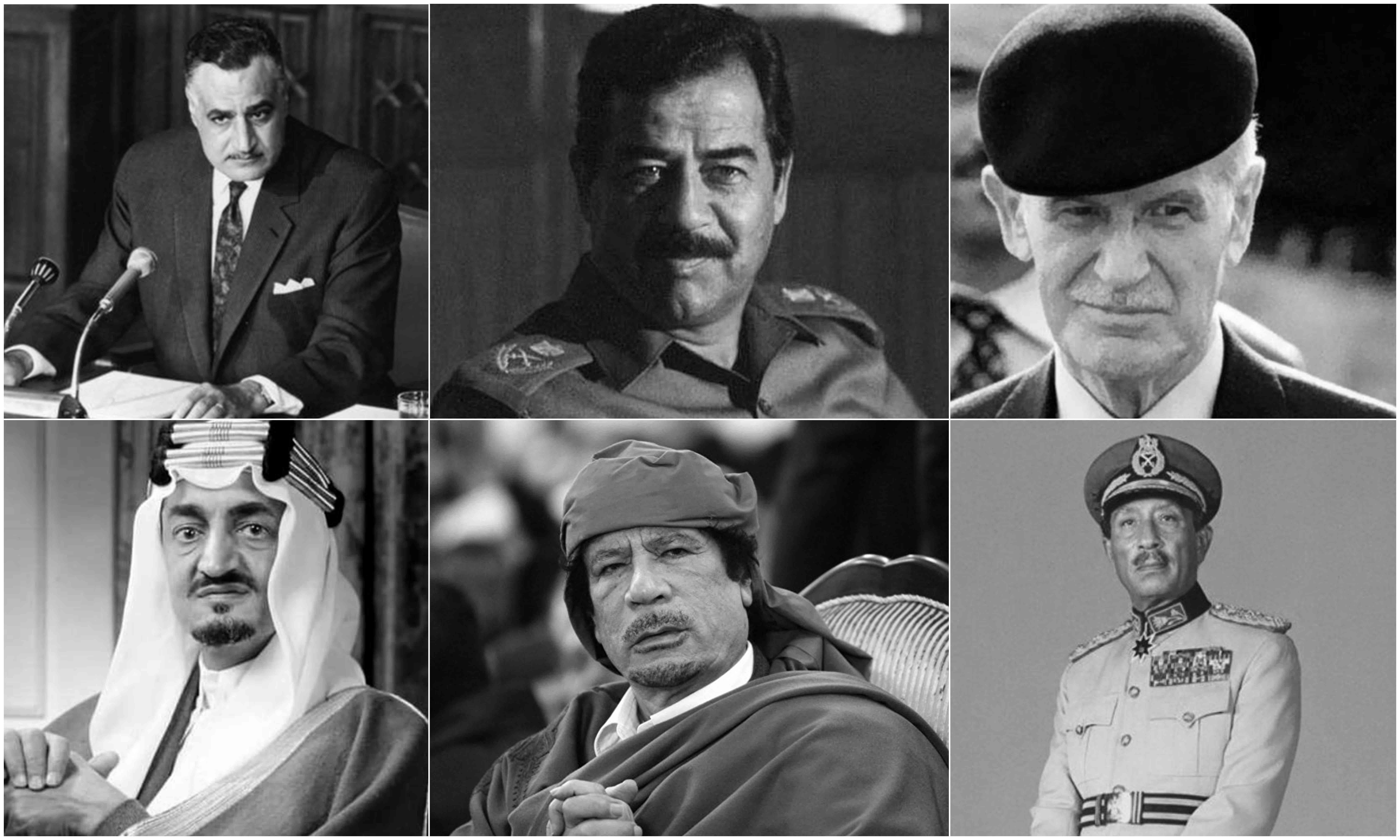 حافظ الأسد- صدام حسين- جمال عبد الناصر- أنور السادات- معمر القذافي- الملك فيصل آل سعود (تعديل عنب بلدي)