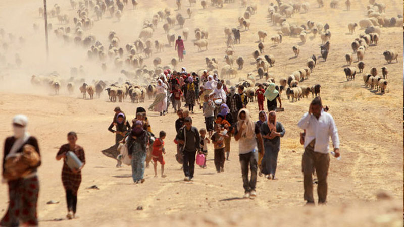 عائلات أيزيدية في أثناء فرارها من تنظيم "الدولة الإسلامية"- (kurdstan24)