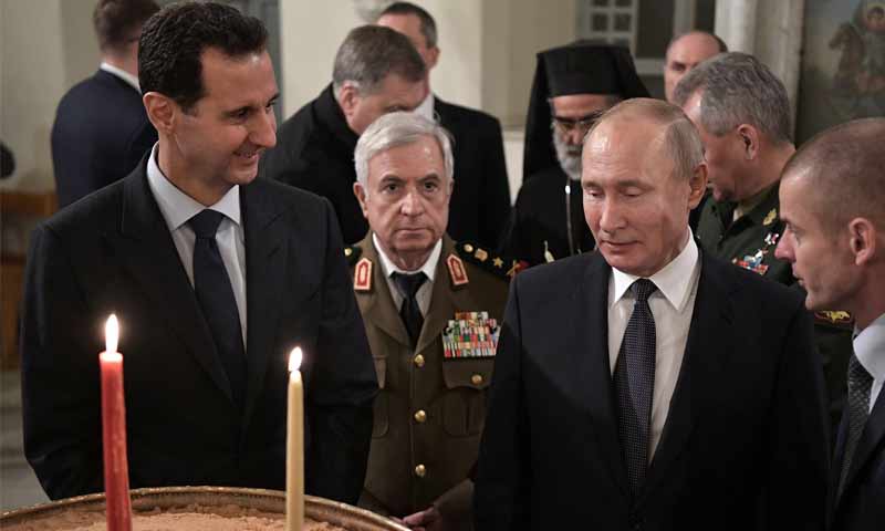 رئيس النظام السوري بشار الأسد والرئيس الروسي فلاديمير بوتين في دمشق- 7 من كانون الثاني 2020 (رئاسة الجمهورية)
