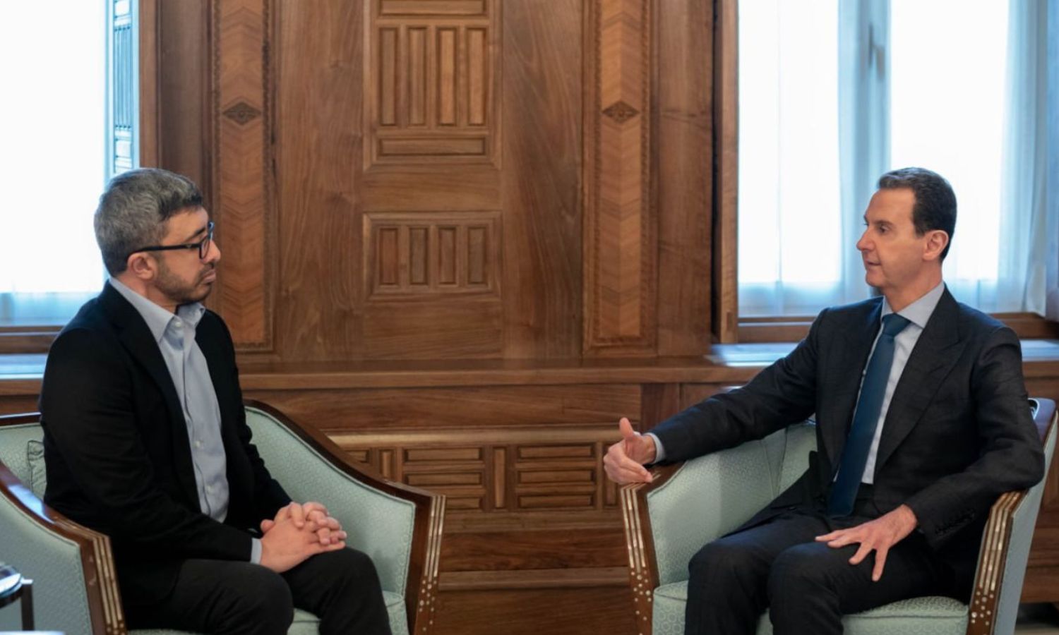 رئيس النظام السوري بشار الأسد يلتقي وزير الخارجية الإماراتي عبد الله بن زايد في دمشق- 12 شباط 2023 (سانا)