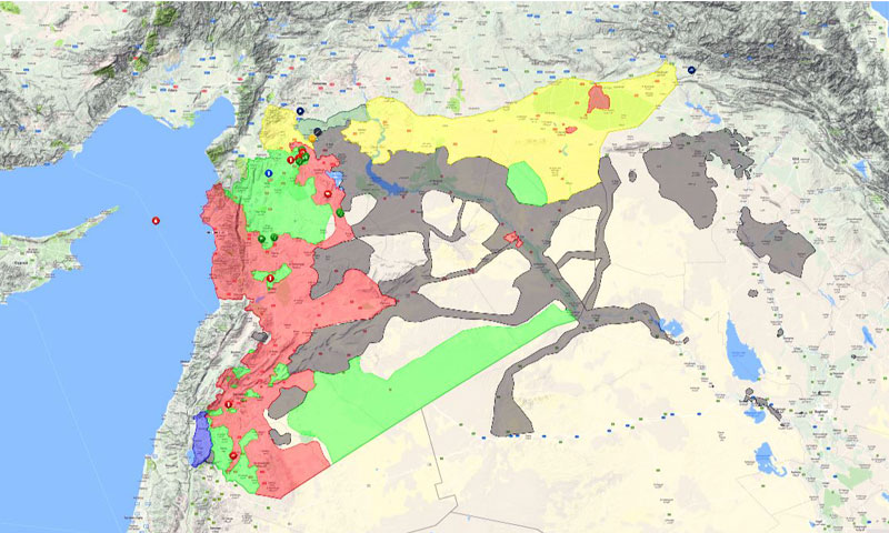 Geographical map showing the distribution of military forces controlling Syria, 6 November 2016 (livemap)