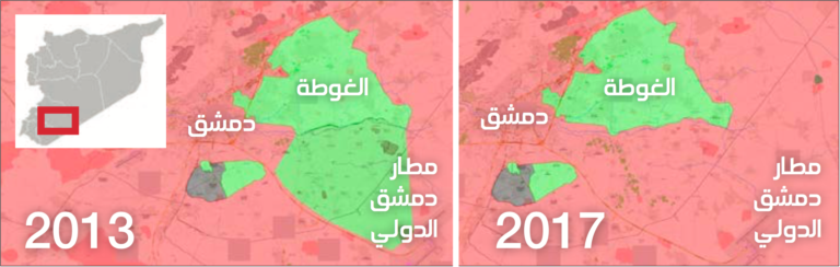 Map showing the change in territory dominion in the vicinity of Damascus (Enab Baladi-Livemap)