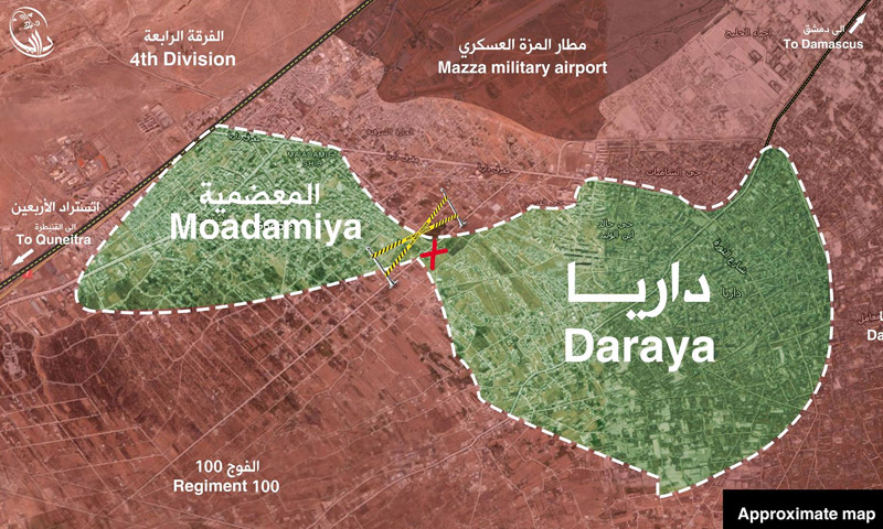 خريطة توضح الواقع العسكري بين داريا والمعضمية - كانون الثاني 2016 (المجلس المحلي لمدينة داريا)
