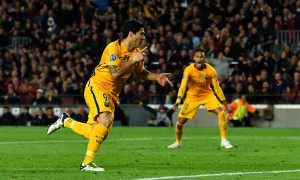 BARCELONA, SPAIN - APRIL 05:  Luis Suarez of Barcelona celebrates as he scores their second goal with a header during the UEFA Champions League quarter final first leg match between FC Barcelona and Club Atletico de Madrid at Camp Nou on April 5, 2016 in Barcelona, Spain.  (Photo by David Ramos/Getty Images)