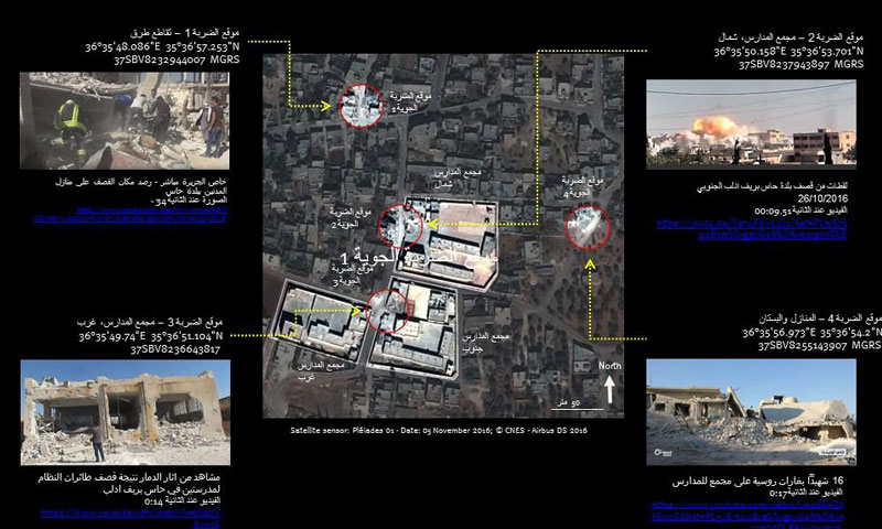 صور للأقمار الصناعية توضح مكان الهجمات الروسية على تجمع المدارس في قرية حاس بريف إدلب (هيومن رايتس ووتش)