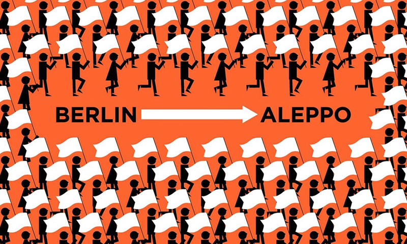 شعار الحملة التي أطلقها ناشطون أوروبيون "من برلين إلى حلب سيرًا على الأقدام" (فيس بوك)