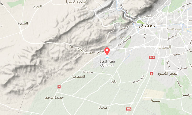 خارطة تظهر تموضع مطار المزة العسكري غرب مدينة دمشق (غوغل)